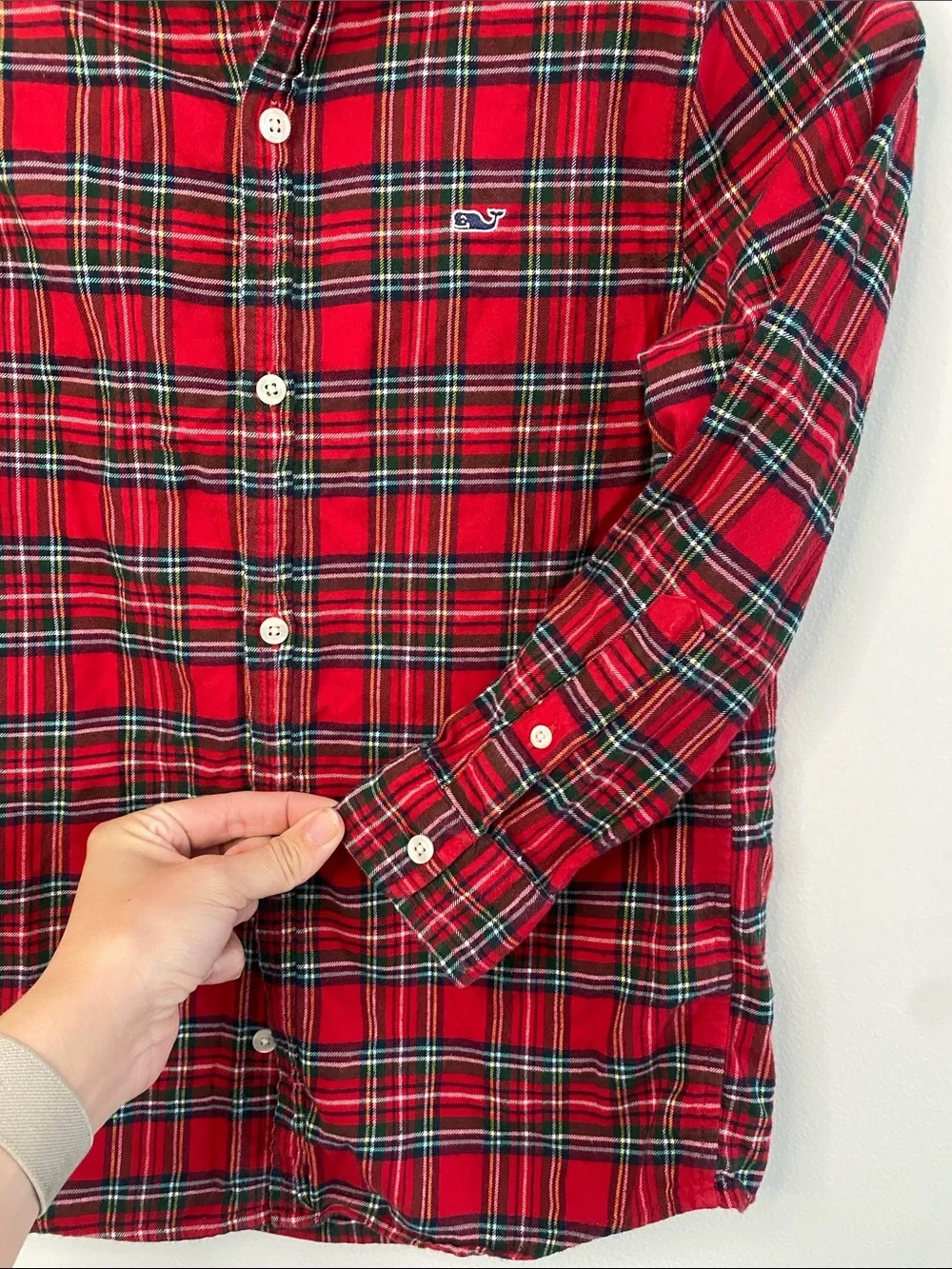 Vineyard Vines Boy's Red Green Plaid Flannel Holiday Button-Up Shirt Small 8-10